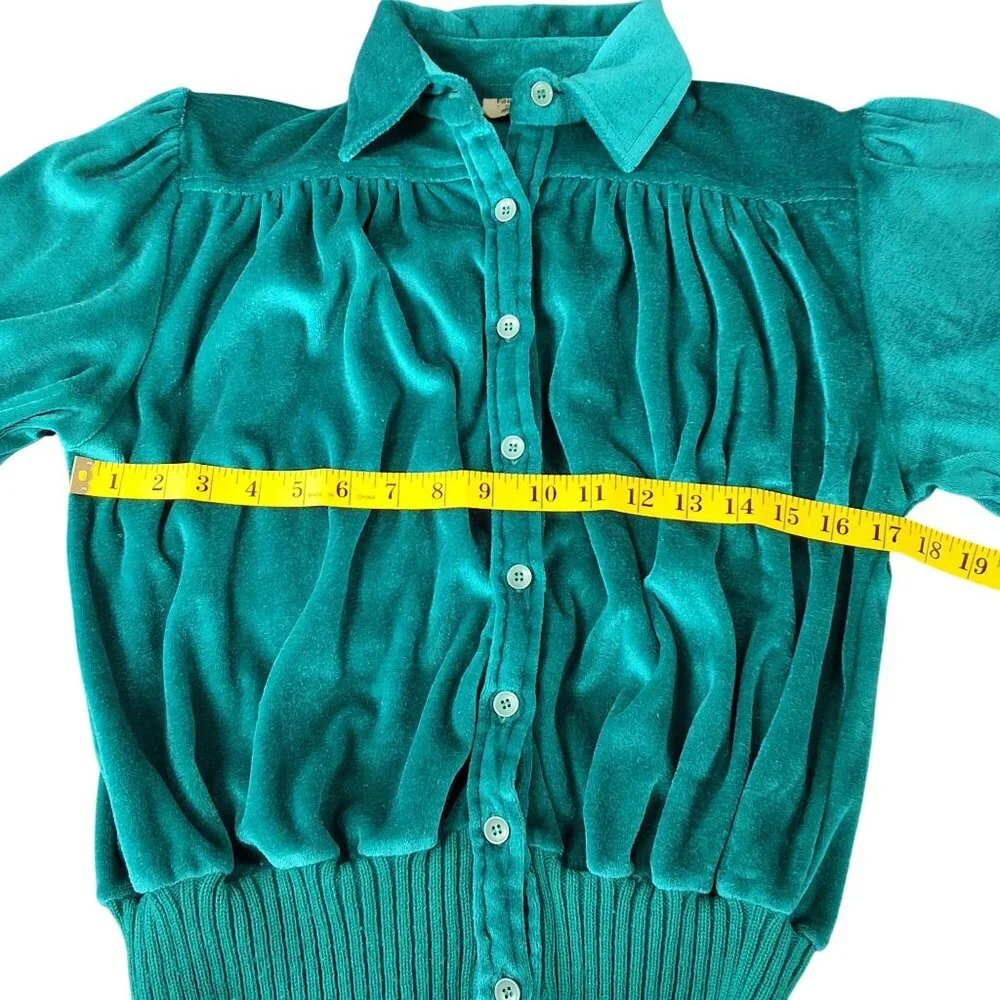 Vintage Fashion Bug 70/80's Teal Velour Button Up Top Ribbed Band 3/4 Sleeve Med - Picture 10 of 10
